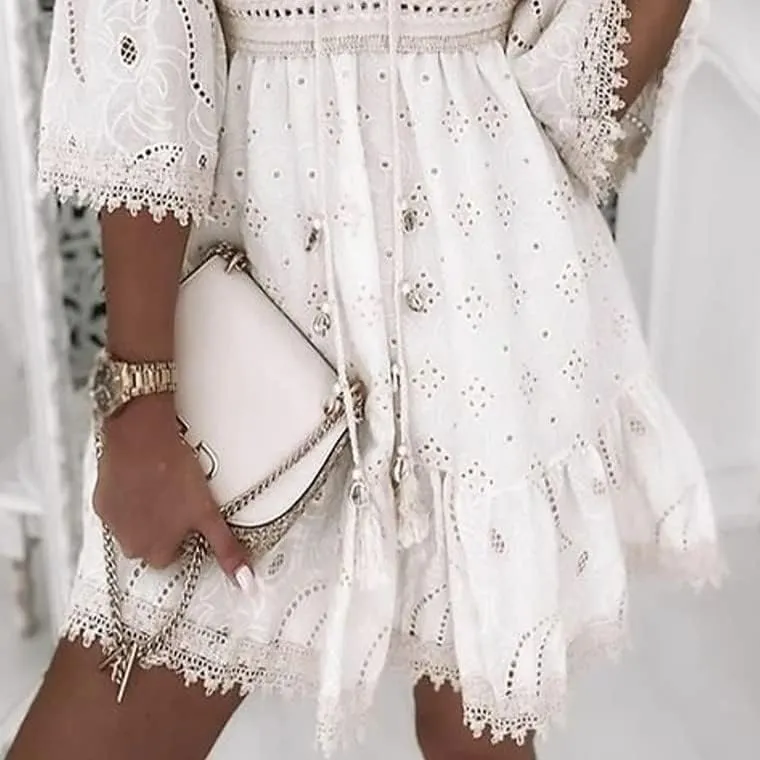 Women V Neck 3/4 Sleeve Mini Dress High Waist Lace Floral Embroidered Short Dresses Casual Boho Ruffle A Line Dress