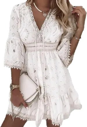 Women V Neck 3/4 Sleeve Mini Dress High Waist Lace Floral Embroidered Short Dresses Casual Boho Ruffle A Line Dress