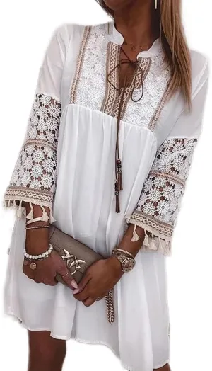 Women V Neck 3/4 Sleeve Mini Dress High Waist Lace Floral Embroidered Short Dresses Casual Boho Ruffle A Line Dress