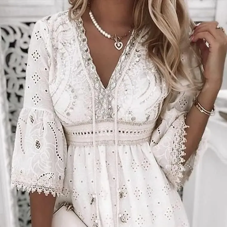 Women V Neck 3/4 Sleeve Mini Dress High Waist Lace Floral Embroidered Short Dresses Casual Boho Ruffle A Line Dress