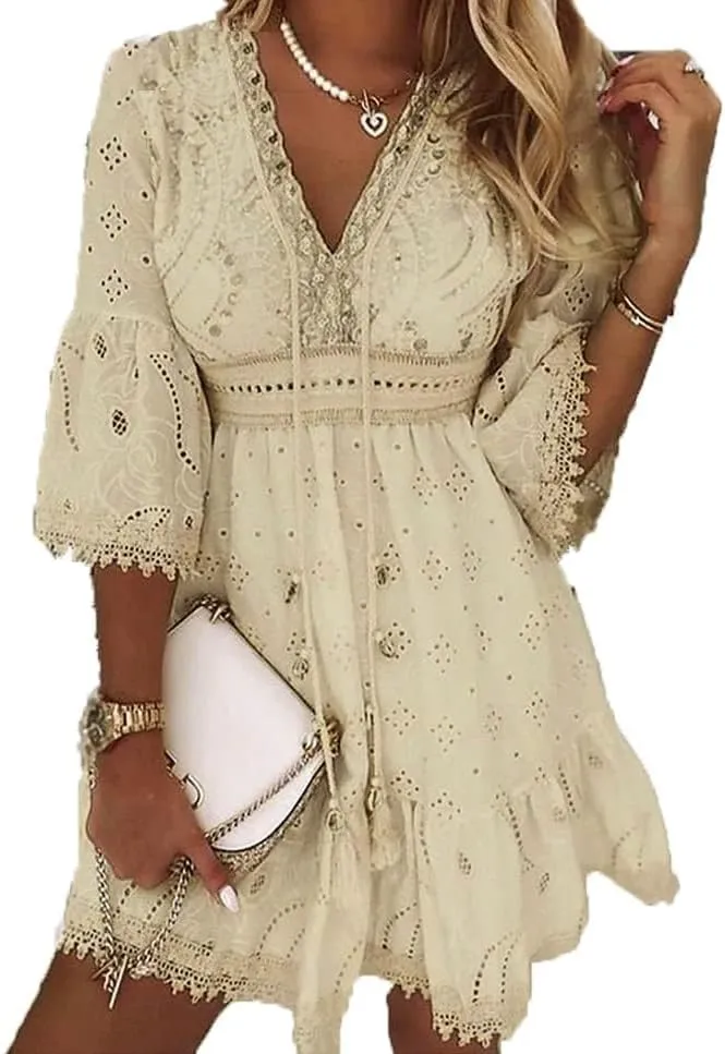 Women V Neck 3/4 Sleeve Mini Dress High Waist Lace Floral Embroidered Short Dresses Casual Boho Ruffle A Line Dress