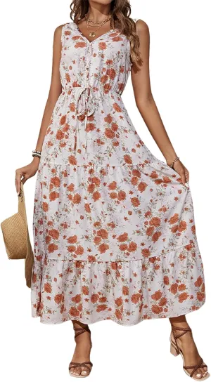 Women's 2025 Boho Sundresses Casual Summer Tank Dress V Neck Sleeveless Flowy A-Line Buttoned Maxi Floral Beach Dresses