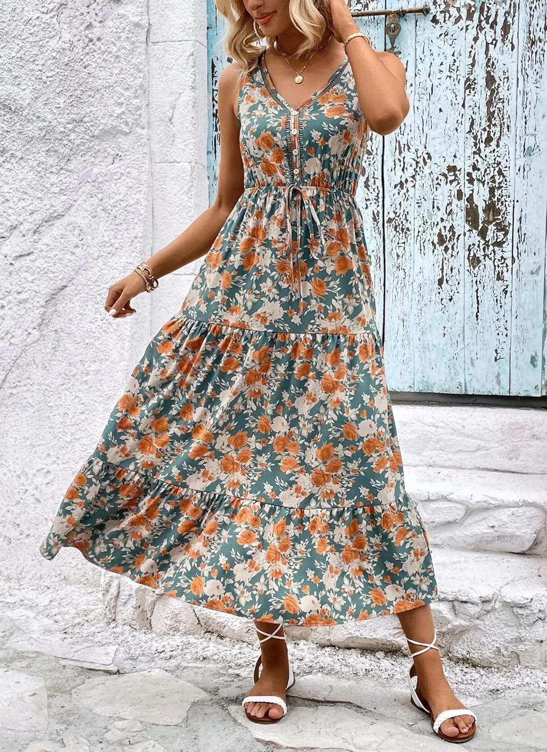 Women's 2025 Boho Sundresses Casual Summer Tank Dress V Neck Sleeveless Flowy A-Line Buttoned Maxi Floral Beach Dresses