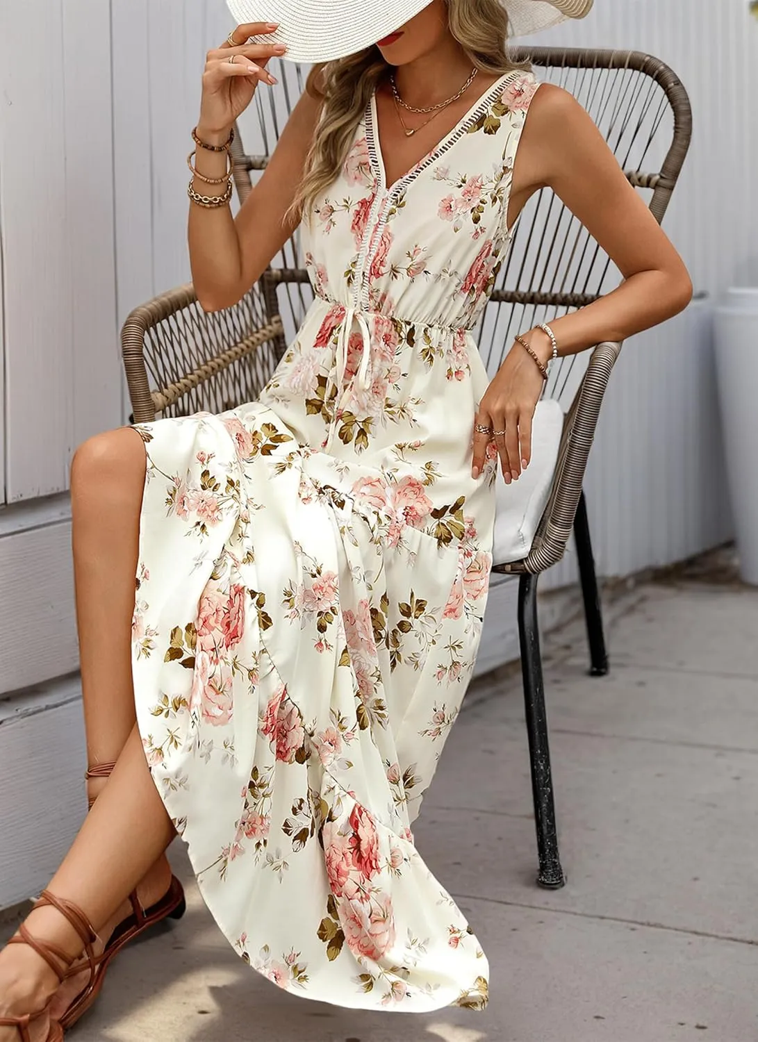 Women's 2025 Boho Sundresses Casual Summer Tank Dress V Neck Sleeveless Flowy A-Line Buttoned Maxi Floral Beach Dresses