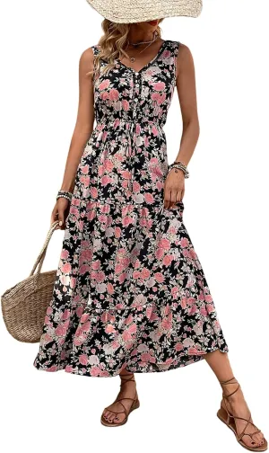 Women's 2025 Boho Sundresses Casual Summer Tank Dress V Neck Sleeveless Flowy A-Line Buttoned Maxi Floral Beach Dresses