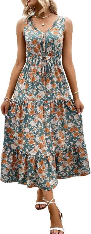 Women's 2025 Boho Sundresses Casual Summer Tank Dress V Neck Sleeveless Flowy A-Line Buttoned Maxi Floral Beach Dresses