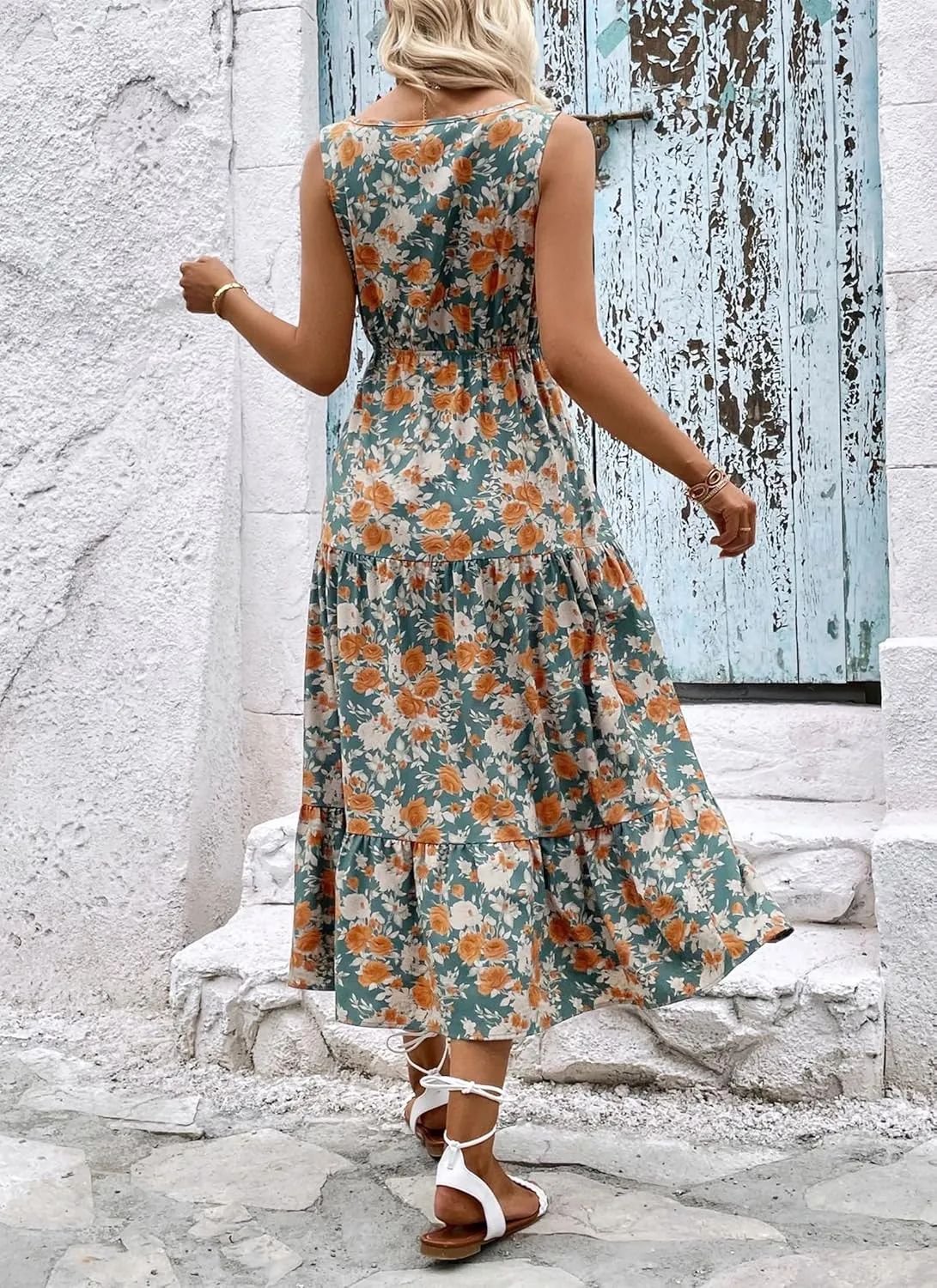 Women's 2025 Boho Sundresses Casual Summer Tank Dress V Neck Sleeveless Flowy A-Line Buttoned Maxi Floral Beach Dresses