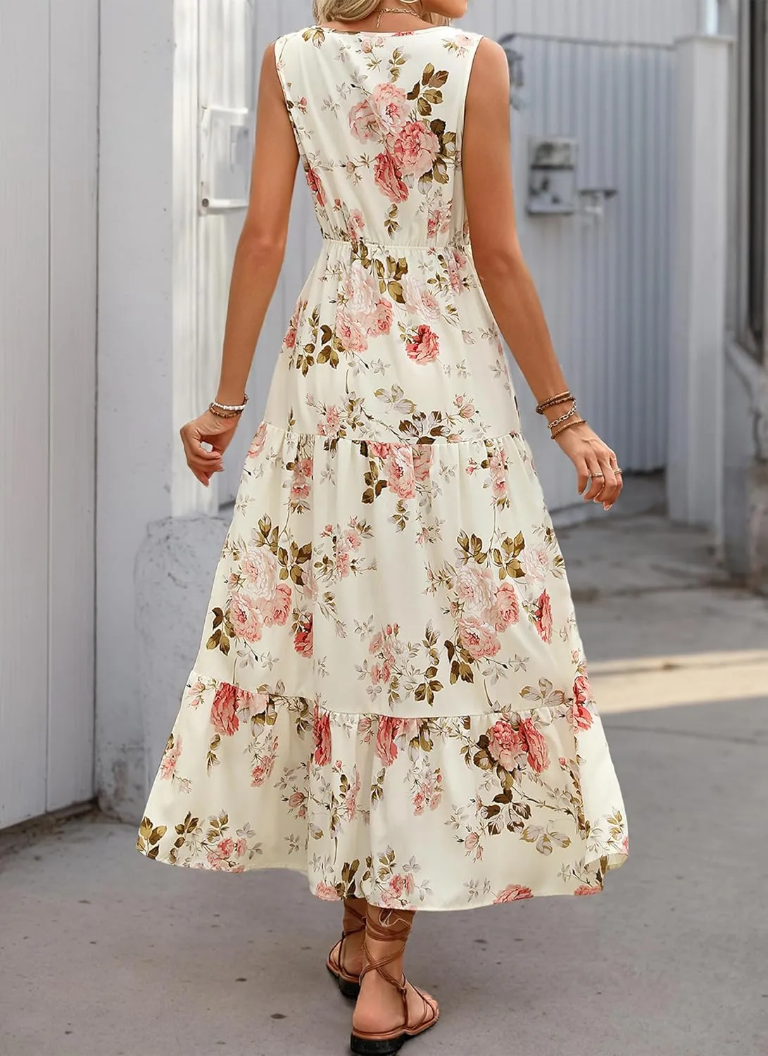 Women's 2025 Boho Sundresses Casual Summer Tank Dress V Neck Sleeveless Flowy A-Line Buttoned Maxi Floral Beach Dresses