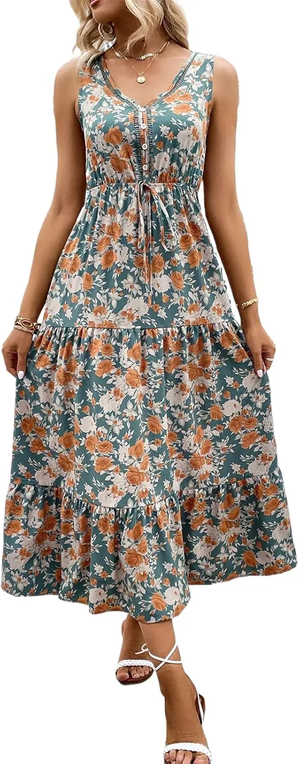 Women's 2025 Boho Sundresses Casual Summer Tank Dress V Neck Sleeveless Flowy A-Line Buttoned Maxi Floral Beach Dresses