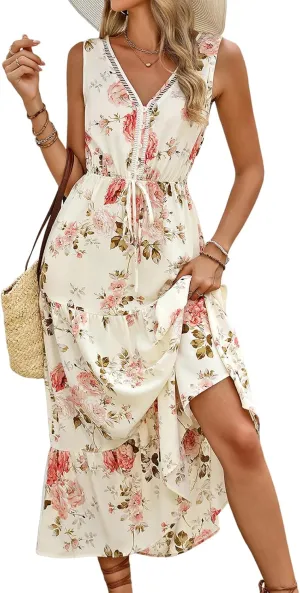 Women's 2025 Boho Sundresses Casual Summer Tank Dress V Neck Sleeveless Flowy A-Line Buttoned Maxi Floral Beach Dresses