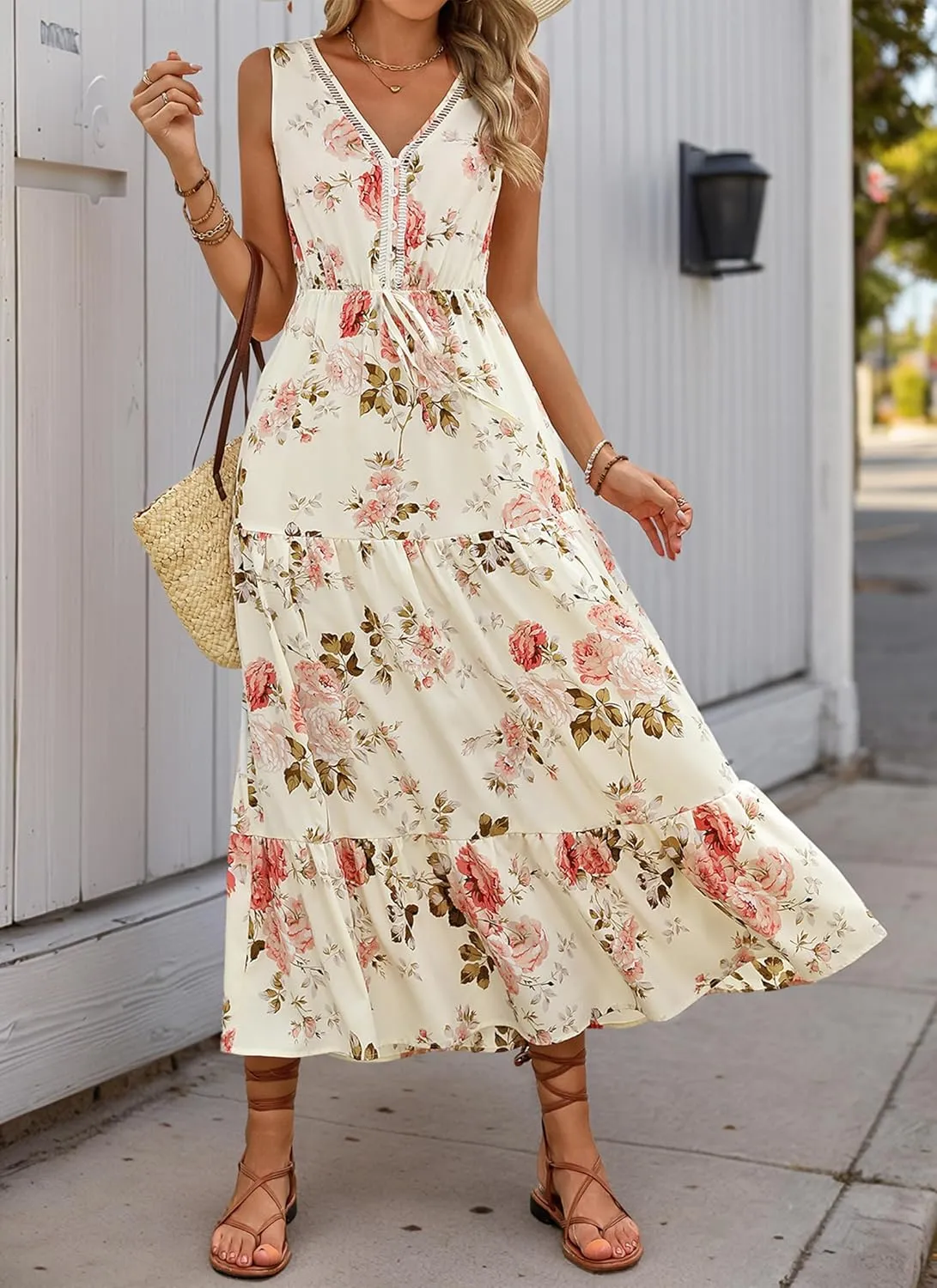 Women's 2025 Boho Sundresses Casual Summer Tank Dress V Neck Sleeveless Flowy A-Line Buttoned Maxi Floral Beach Dresses
