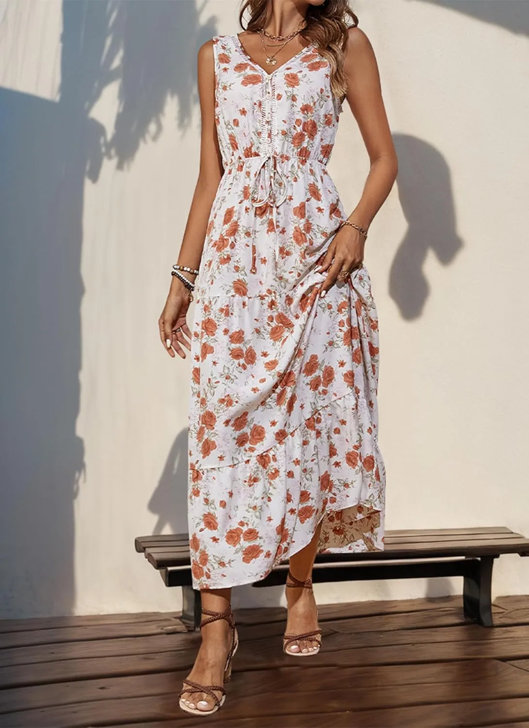 Women's 2025 Boho Sundresses Casual Summer Tank Dress V Neck Sleeveless Flowy A-Line Buttoned Maxi Floral Beach Dresses