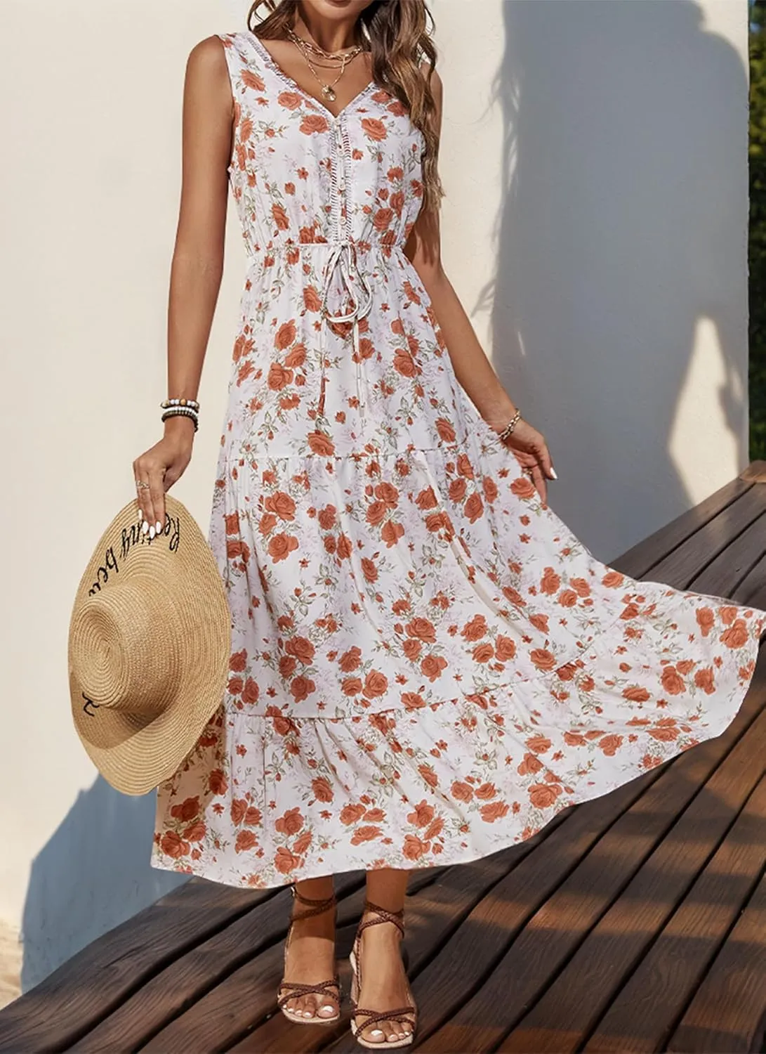 Women's 2025 Boho Sundresses Casual Summer Tank Dress V Neck Sleeveless Flowy A-Line Buttoned Maxi Floral Beach Dresses