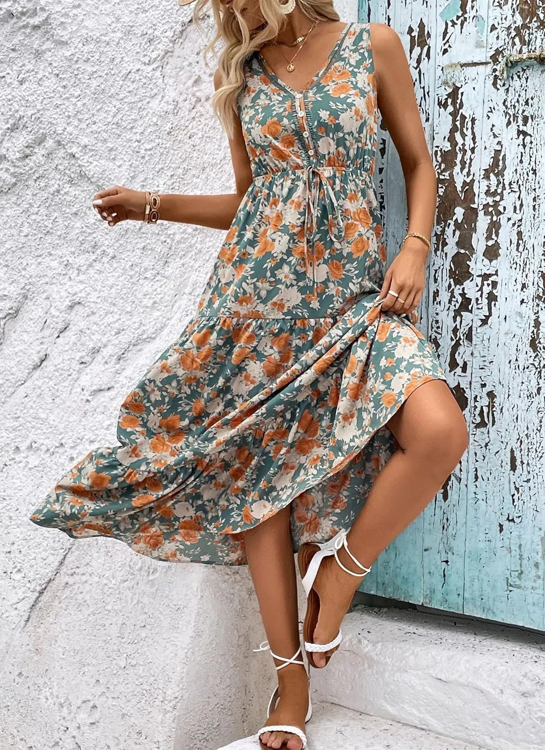 Women's 2025 Boho Sundresses Casual Summer Tank Dress V Neck Sleeveless Flowy A-Line Buttoned Maxi Floral Beach Dresses