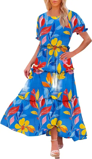 Women's 2025 Floral Summer Maxi Dresses V Neck Short Sleeve Ruffle Tiered Swing Flowy Dresses Boho A-Line Sundress