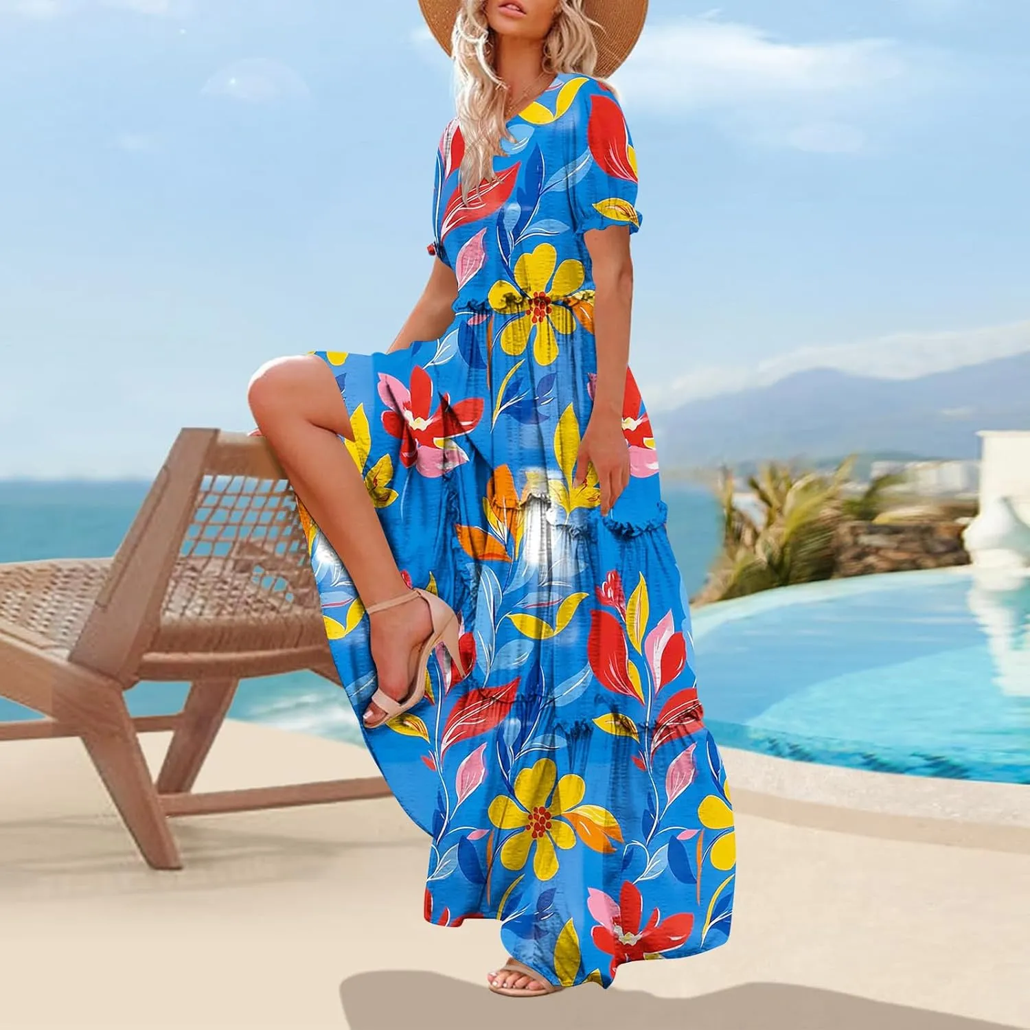 Women's 2025 Floral Summer Maxi Dresses V Neck Short Sleeve Ruffle Tiered Swing Flowy Dresses Boho A-Line Sundress