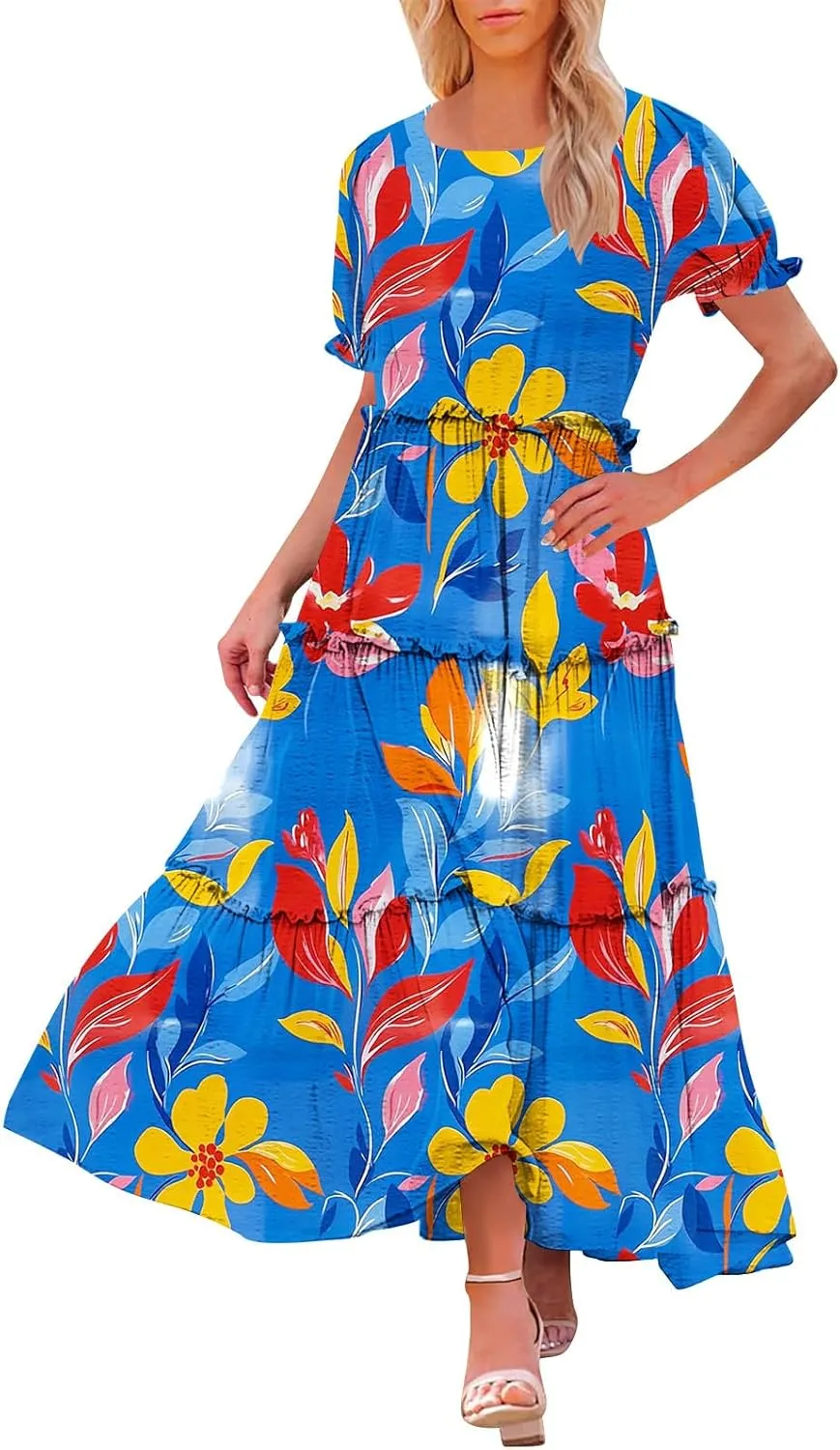 Women's 2025 Floral Summer Maxi Dresses V Neck Short Sleeve Ruffle Tiered Swing Flowy Dresses Boho A-Line Sundress