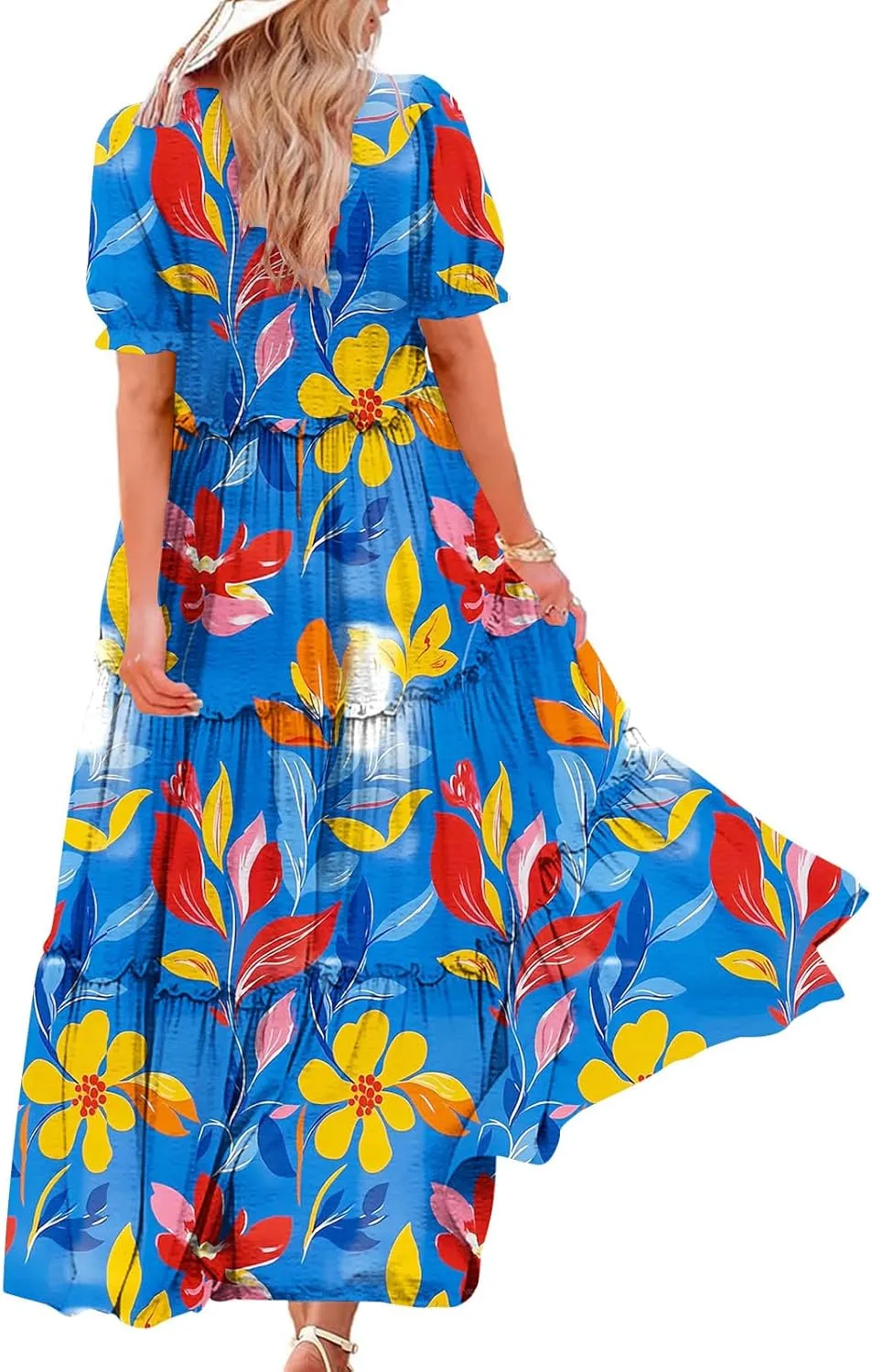 Women's 2025 Floral Summer Maxi Dresses V Neck Short Sleeve Ruffle Tiered Swing Flowy Dresses Boho A-Line Sundress