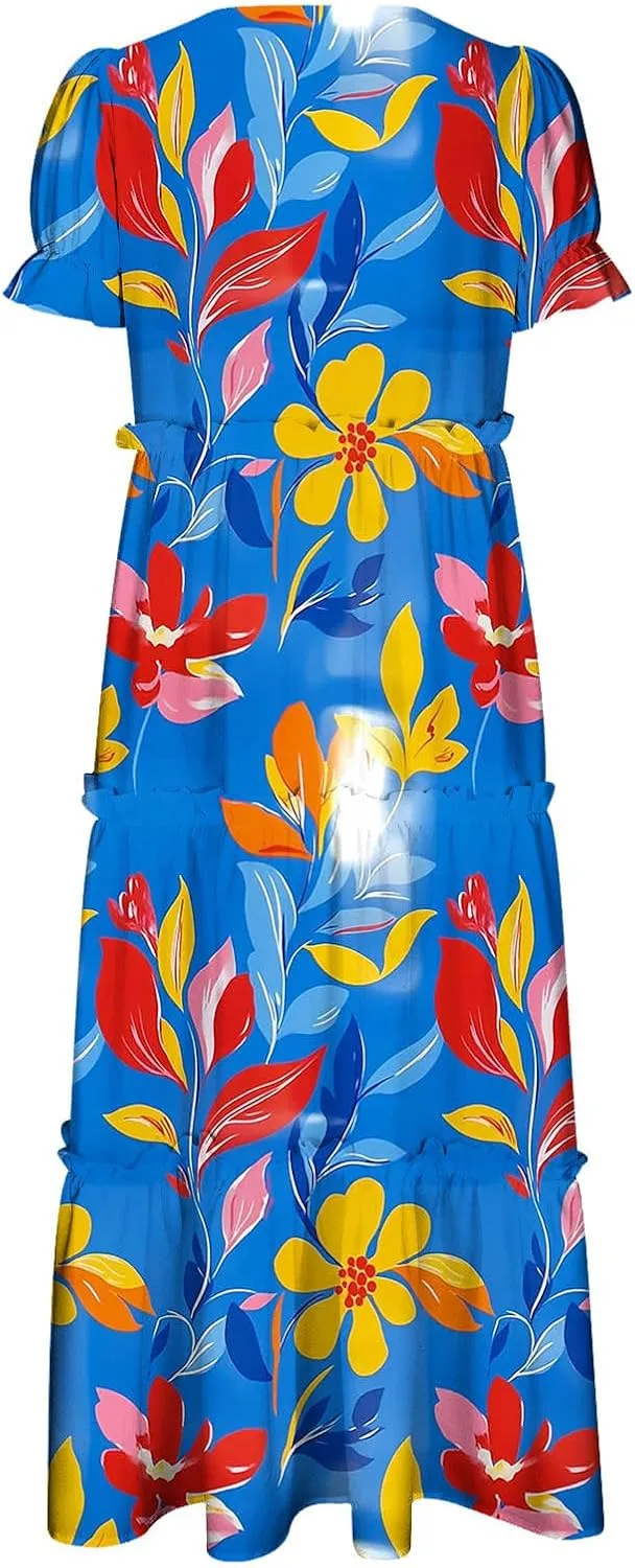 Women's 2025 Floral Summer Maxi Dresses V Neck Short Sleeve Ruffle Tiered Swing Flowy Dresses Boho A-Line Sundress