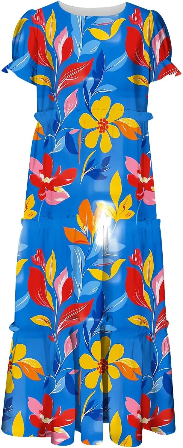 Women's 2025 Floral Summer Maxi Dresses V Neck Short Sleeve Ruffle Tiered Swing Flowy Dresses Boho A-Line Sundress