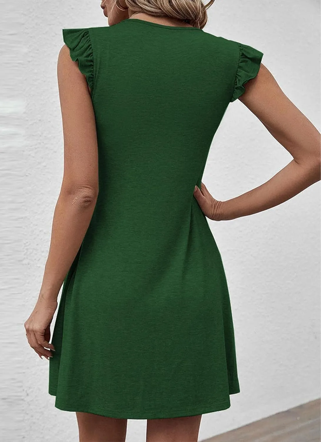 Women's 2025 Summer Beach Vacation Sexy Deep V Neck Dresses Casual Ruffle Cap Sleeve Loose Fit Short Mini Sundress
