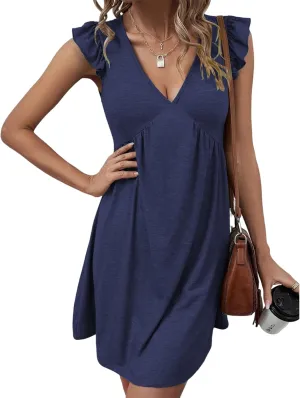 Women's 2025 Summer Beach Vacation Sexy Deep V Neck Dresses Casual Ruffle Cap Sleeve Loose Fit Short Mini Sundress