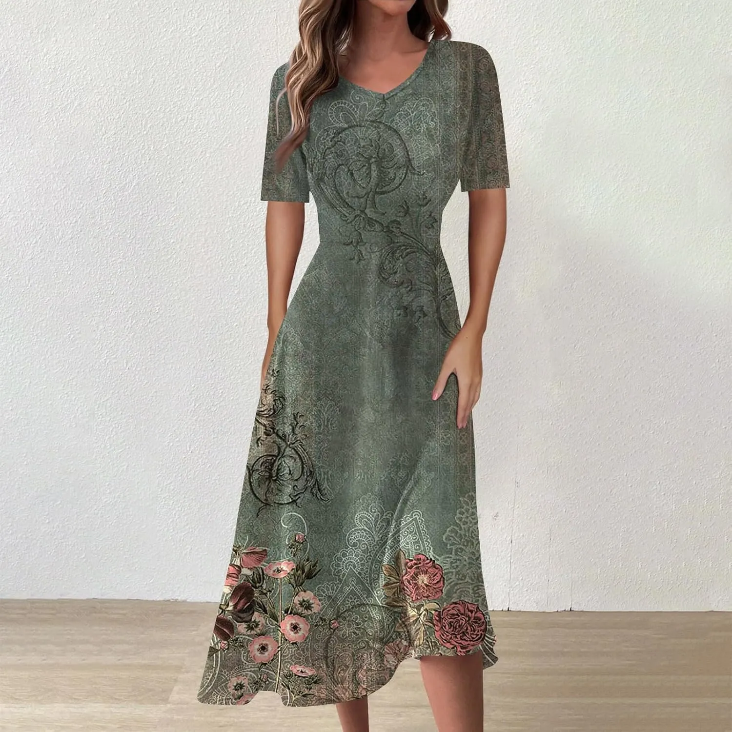 Women's 2025 Summer Casual Dresses Short Sleeve V Neck Flowy Loose Tiered Beach Swing Midi Dress