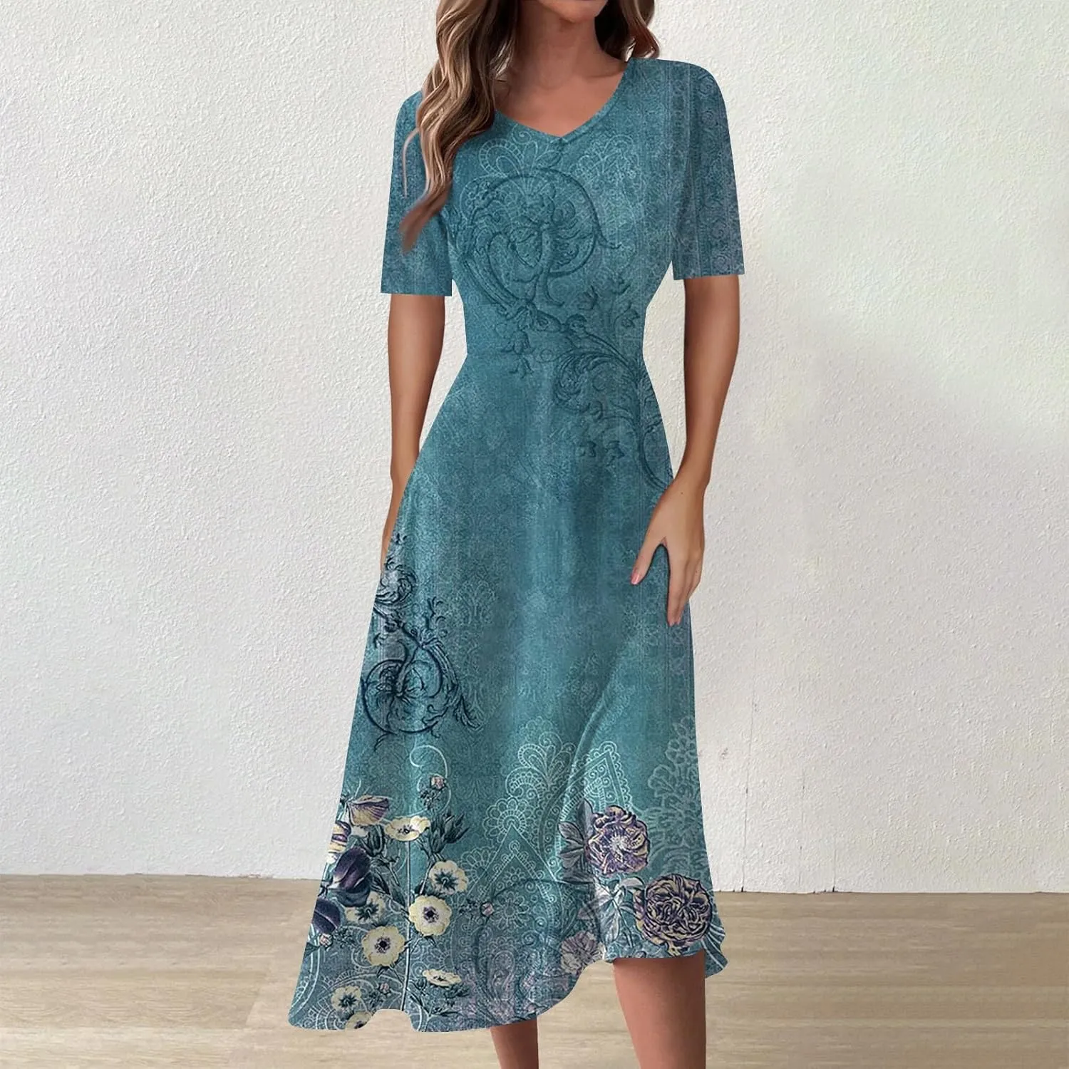 Women's 2025 Summer Casual Dresses Short Sleeve V Neck Flowy Loose Tiered Beach Swing Midi Dress