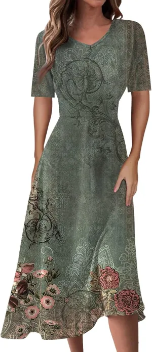 Women's 2025 Summer Casual Dresses Short Sleeve V Neck Flowy Loose Tiered Beach Swing Midi Dress