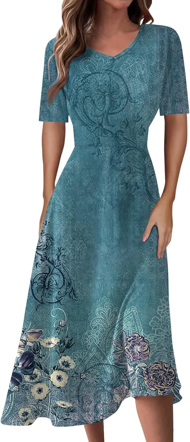 Women's 2025 Summer Casual Dresses Short Sleeve V Neck Flowy Loose Tiered Beach Swing Midi Dress