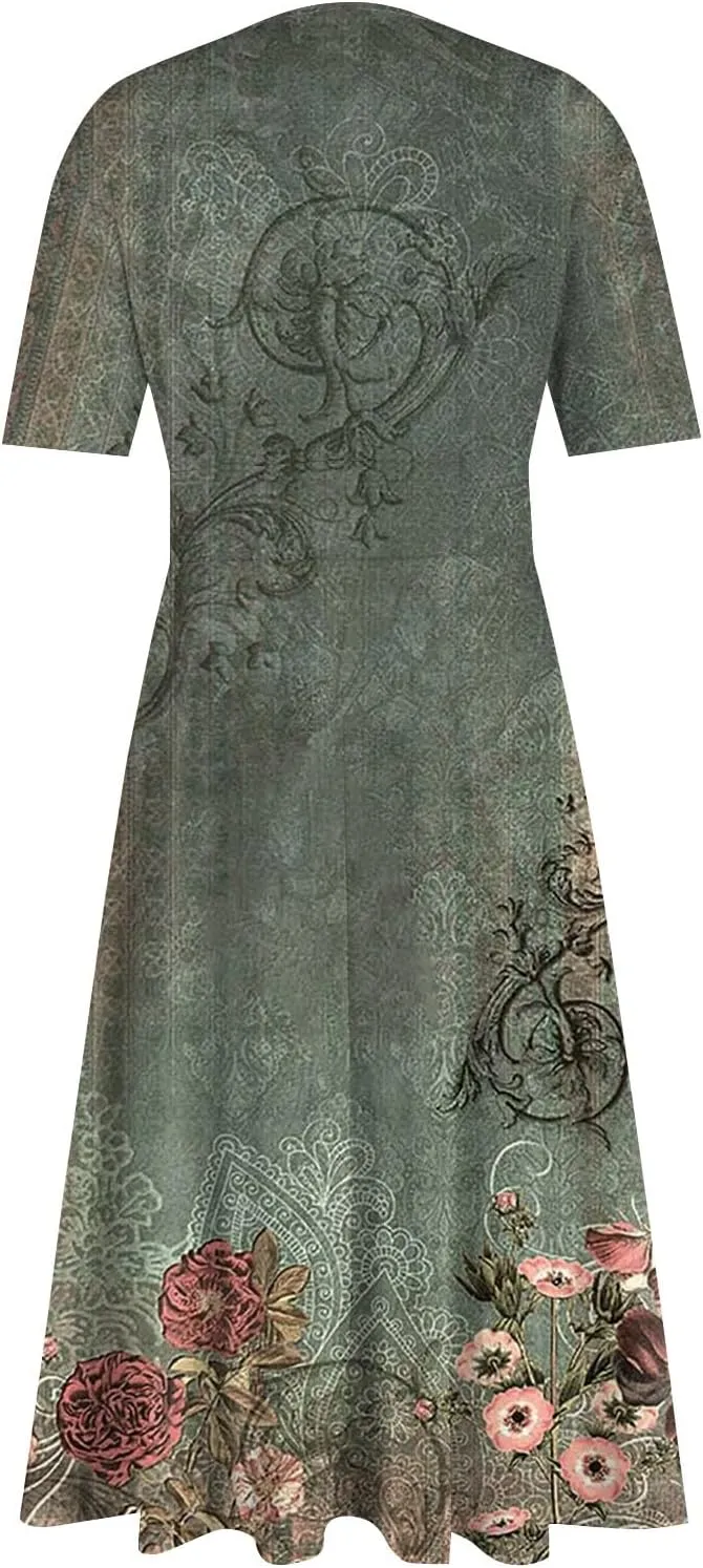 Women's 2025 Summer Casual Dresses Short Sleeve V Neck Flowy Loose Tiered Beach Swing Midi Dress