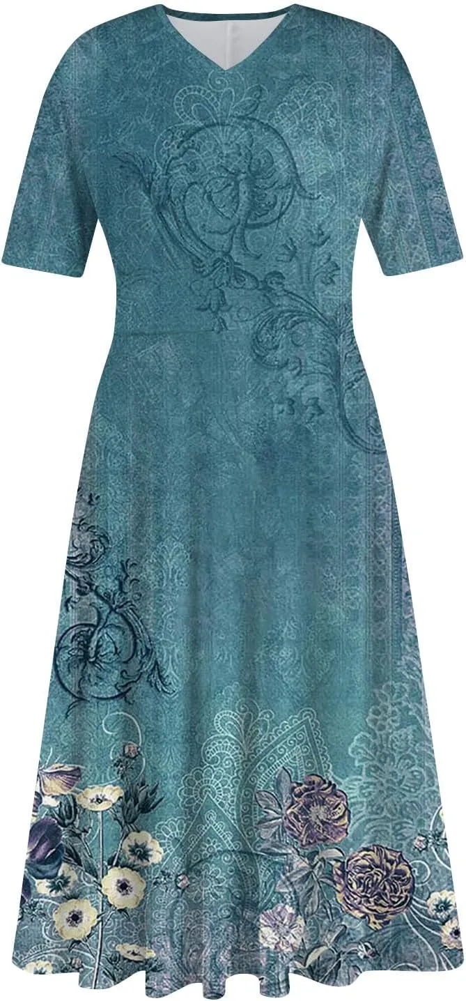 Women's 2025 Summer Casual Dresses Short Sleeve V Neck Flowy Loose Tiered Beach Swing Midi Dress