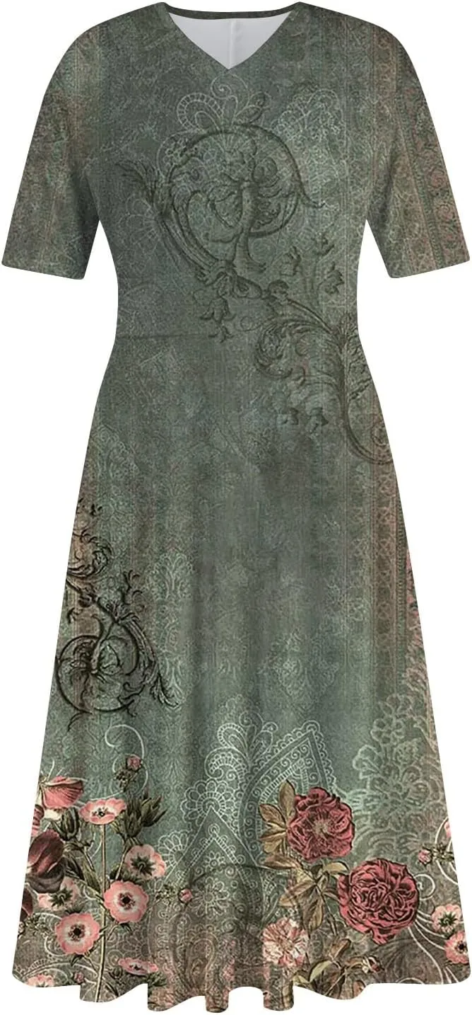 Women's 2025 Summer Casual Dresses Short Sleeve V Neck Flowy Loose Tiered Beach Swing Midi Dress