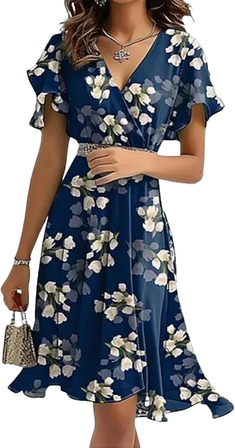 Women's 2025 Summer Floral Wrap Mini Dress Ruffle Sleeve V Neck Dresses Flowy Hem A-Line Dress Beach Vacation Dresses