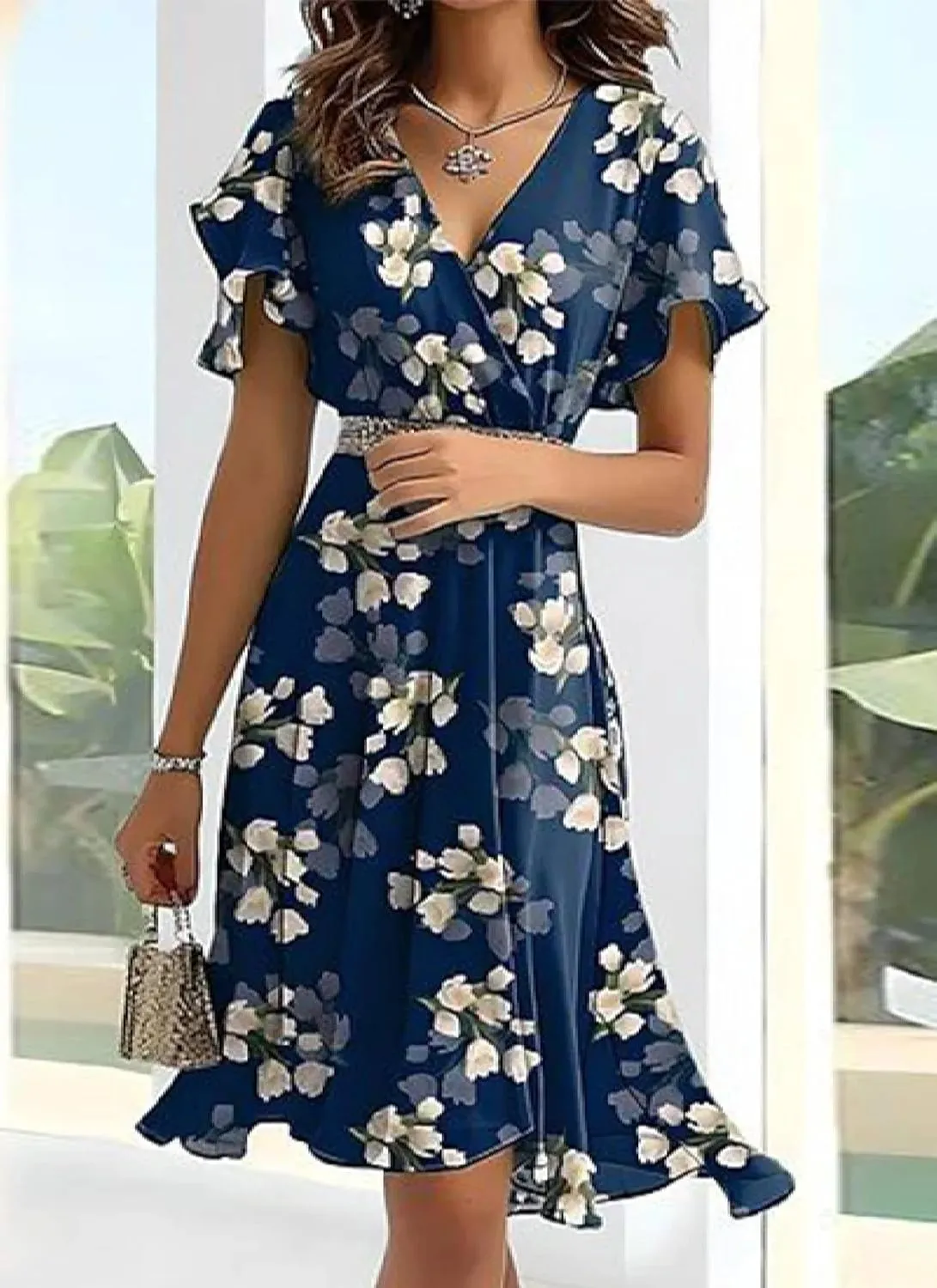 Women's 2025 Summer Floral Wrap Mini Dress Ruffle Sleeve V Neck Dresses Flowy Hem A-Line Dress Beach Vacation Dresses