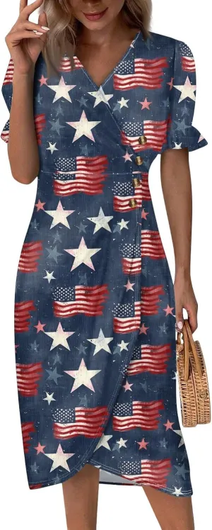 Womens 4 of July Dres V Neck Button Down Patriotic Short Sleeve Summer Midi Blue and White Dress for Women