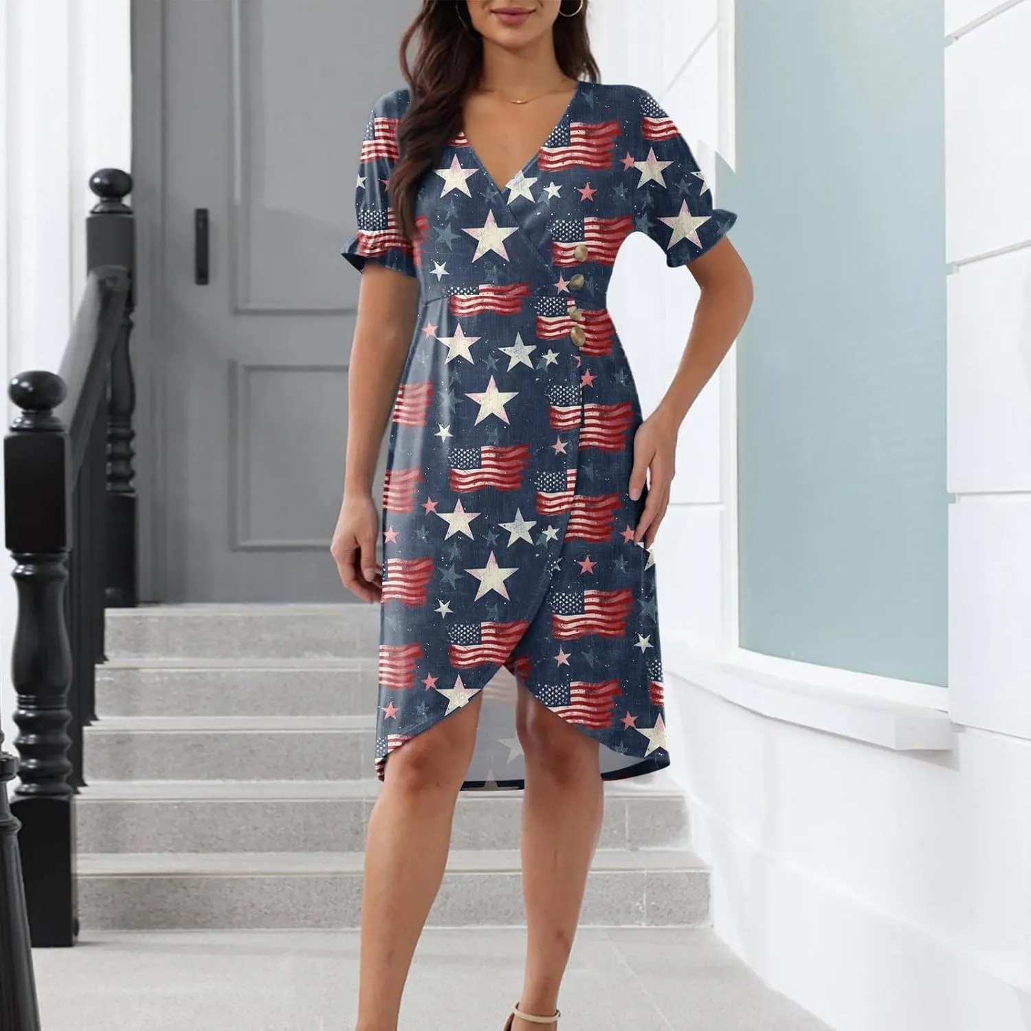 Womens 4 of July Dres V Neck Button Down Patriotic Short Sleeve Summer Midi Blue and White Dress for Women