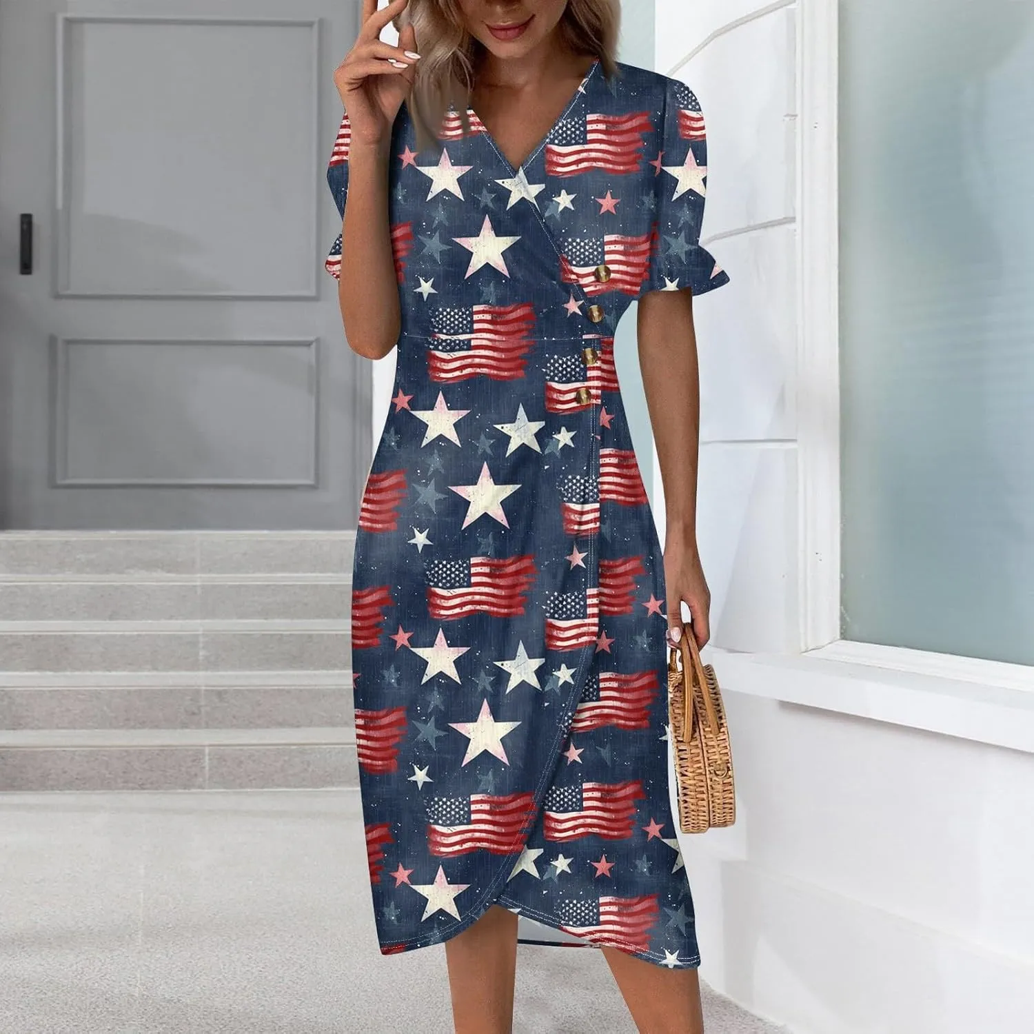 Womens 4 of July Dres V Neck Button Down Patriotic Short Sleeve Summer Midi Blue and White Dress for Women
