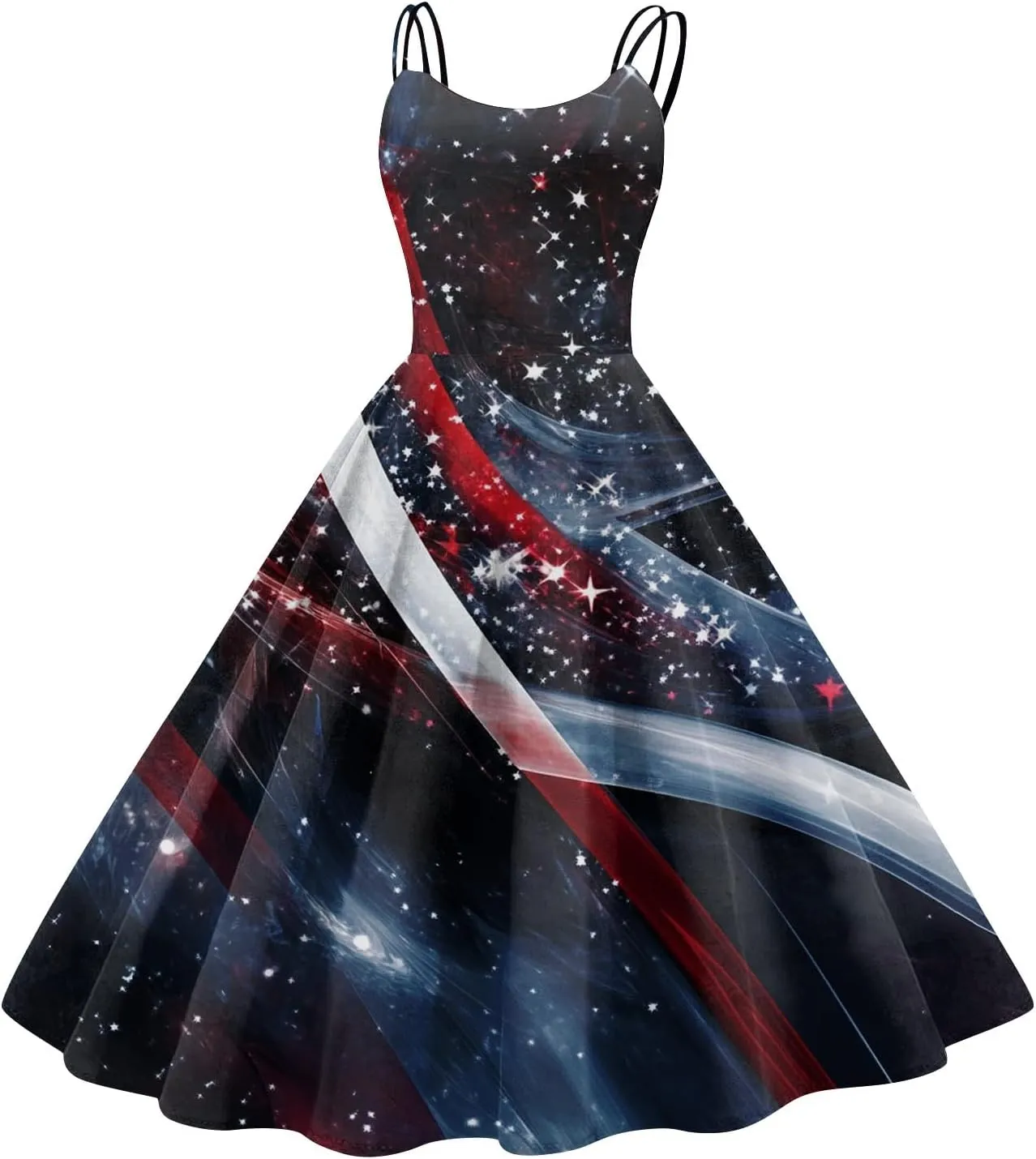 Womens 4th of July Dress Flag Print Sexy Spaghetti Strap Patriotic Punk Dresses A-Line Independence Day Clothes