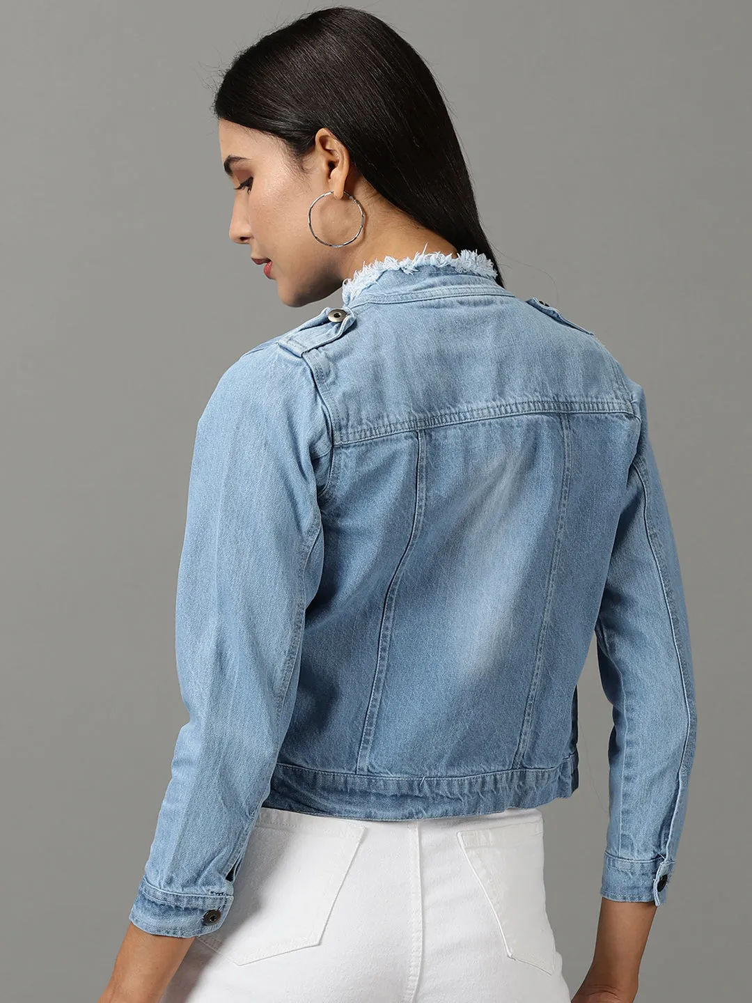 Women's Blue Solid Denim Jacket