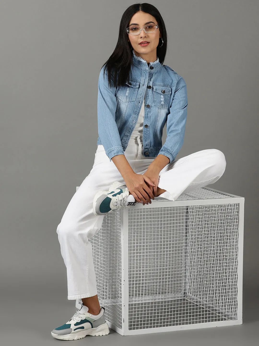 Women's Blue Solid Denim Jacket