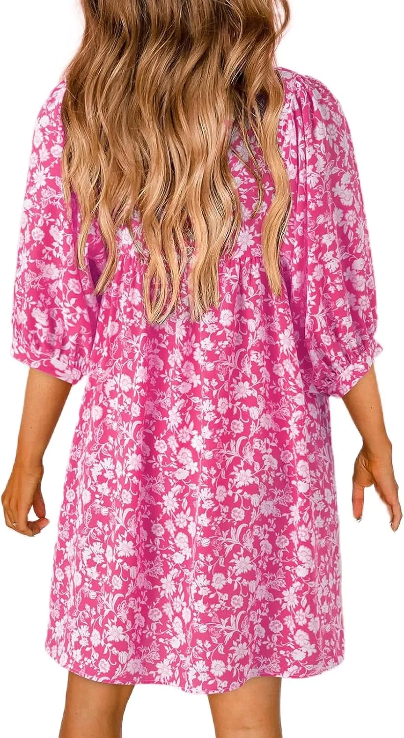 Womens Boho Dresses Summer Casual 3/4 Lantern Sleeve V Neck Babydoll Mini Dress Beach Vacation Shift Sundress