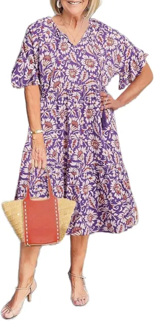 Women's Boho Floral Dresses V Neck Short Sleeve Tiered Flowy Plus Size Summer Vacation Knee Length Midi Dress