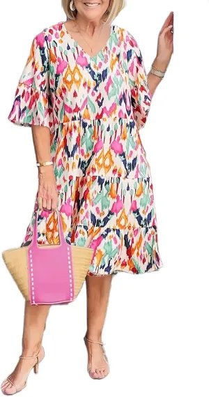 Women's Boho Floral Dresses V Neck Short Sleeve Tiered Flowy Plus Size Summer Vacation Knee Length Midi Dress