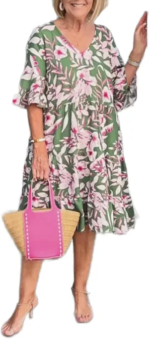 Women's Boho Floral Dresses V Neck Short Sleeve Tiered Flowy Plus Size Summer Vacation Knee Length Midi Dress