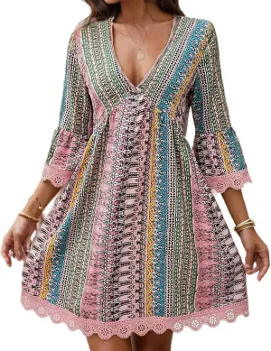 Womens Boho Floral Lace 3/4 Sleeve Short Dress Casual V Neck Western Dress Summer Baby Doll Mini Beach Dresses