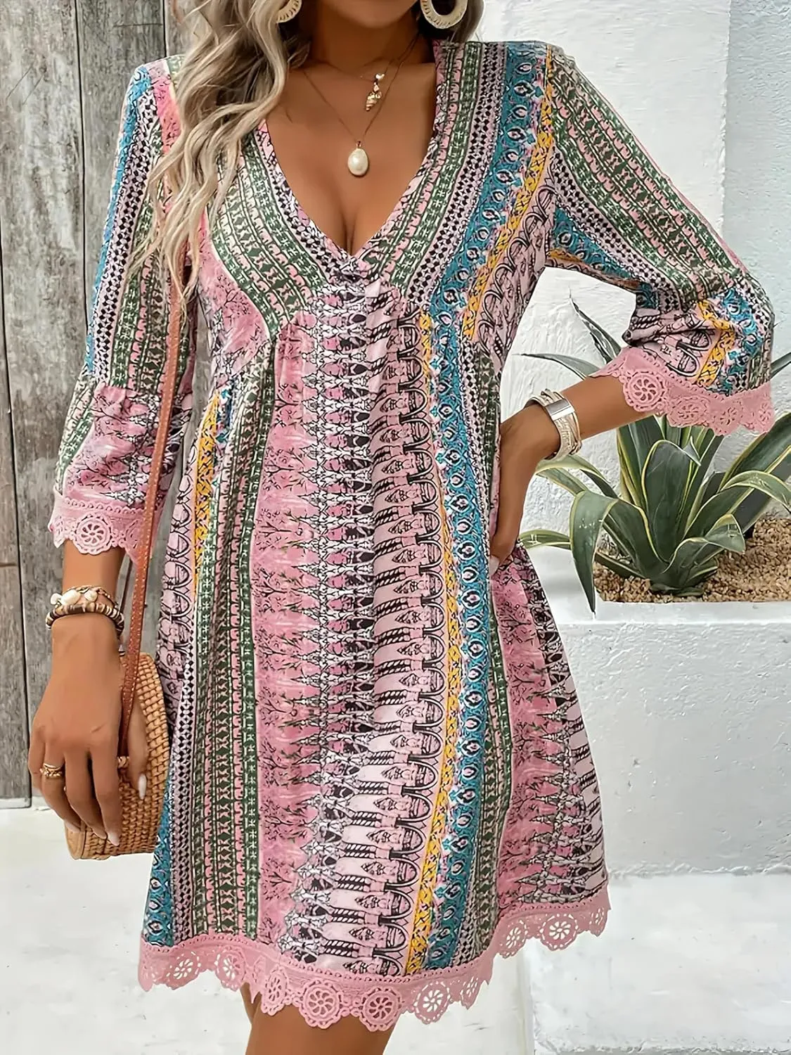 Womens Boho Floral Lace 3/4 Sleeve Short Dress Casual V Neck Western Dress Summer Baby Doll Mini Beach Dresses