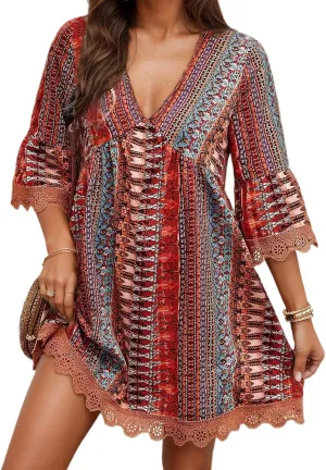 Womens Boho Floral Lace 3/4 Sleeve Short Dress Casual V Neck Western Dress Summer Baby Doll Mini Beach Dresses