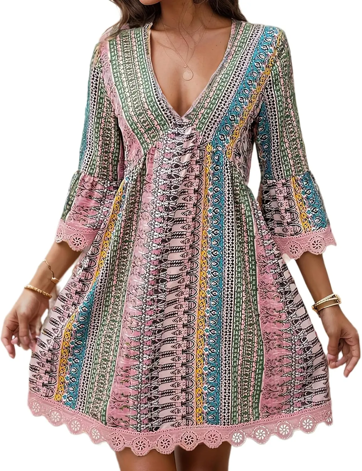 Womens Boho Floral Lace 3/4 Sleeve Short Dress Casual V Neck Western Dress Summer Baby Doll Mini Beach Dresses