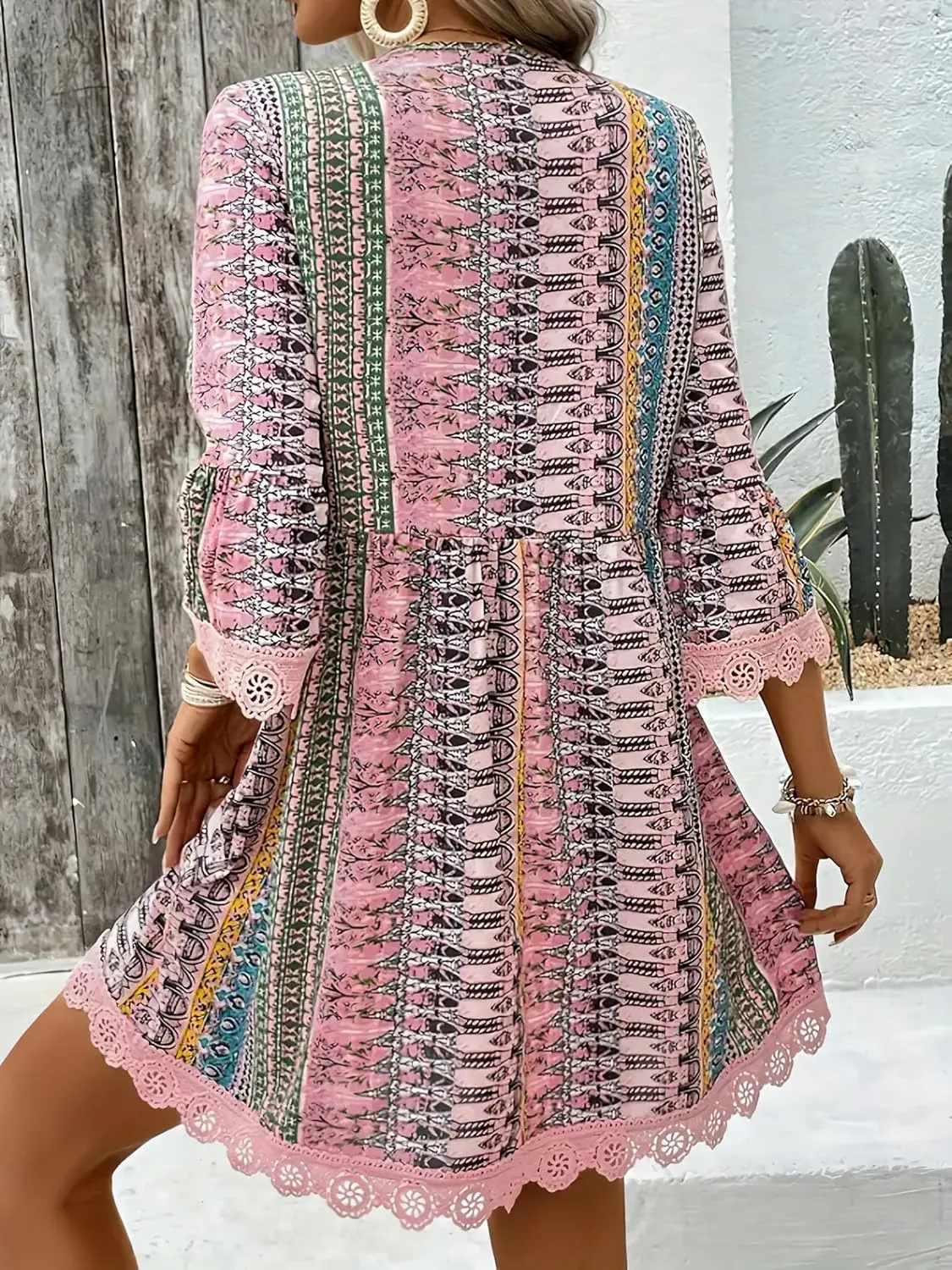 Womens Boho Floral Lace 3/4 Sleeve Short Dress Casual V Neck Western Dress Summer Baby Doll Mini Beach Dresses